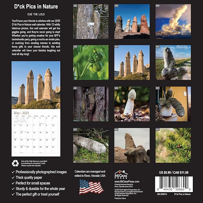 MICASA D'ck Pics in Nature Mini 2025 Wall Calendar 12 Month Funny Secret Dirty Santa White Elephant Yankee Swap Gag Gift | 7" x 14" Open | Thick & Sturdy Paper | Giftable | Calendar 2025