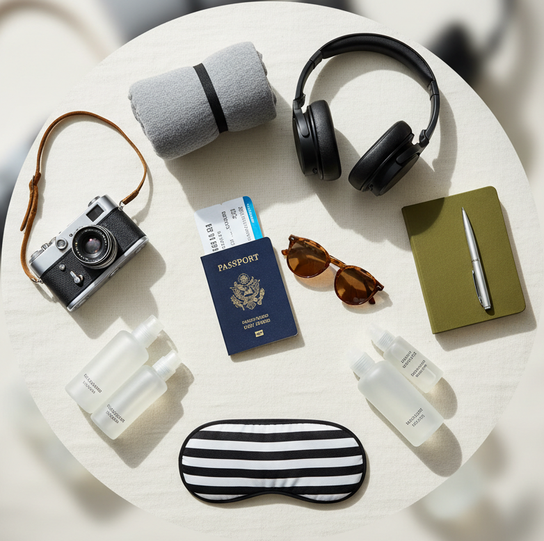 
circle photo of travel supplies, make a real photo